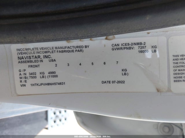 2022 Chevrolet Silverado 4500hd 1wt მანქანა იყიდება აუქციონზე, vin: 1HTKJPVH8NH574631, აუქციონის ნომერი: 45923566
