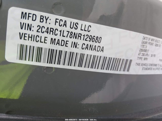 45923573 :رقم المزاد ، 2C4RC1L78NR129680 vin ، 2022 Chrysler Pacifica Hybrid Touring L مزاد بيع