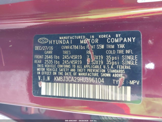Aukcja sprzedaży 2017 Hyundai Tucson Sport, vin: KM8J3CA29HU396104, numer aukcji: 45923581