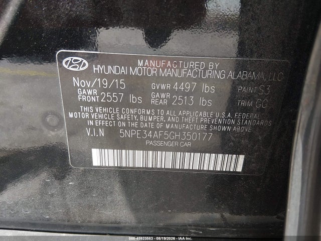 Aukcja sprzedaży 2016 Hyundai Sonata Sport, vin: 5NPE34AF5GH350177, numer aukcji: 45923583