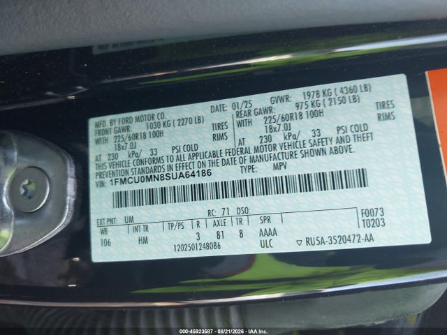 2025 Ford Escape St-line მანქანა იყიდება აუქციონზე, vin: 1FMCU0MN8SUA64186, აუქციონის ნომერი: 45923587
