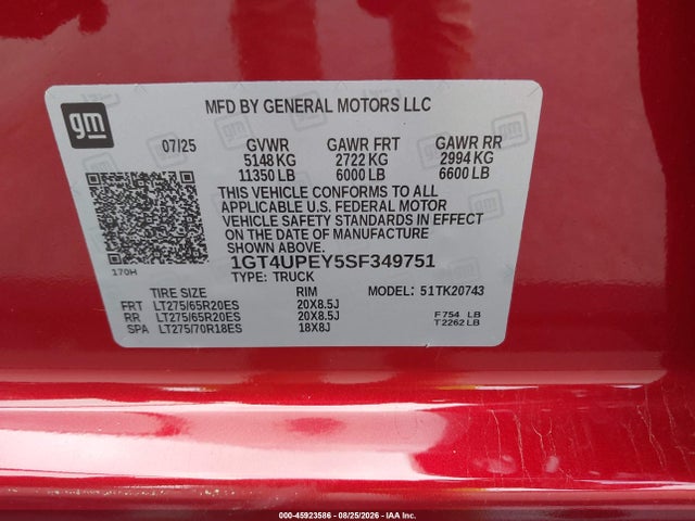 Aukcja sprzedaży 2025 Gmc Sierra 2500hd 4wd  Standard Bed At4, vin: 1GT4UPEY5SF349751, numer aukcji: 45923586