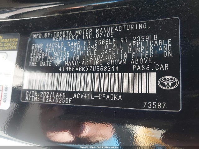 Aukcja sprzedaży 2007 Toyota Camry Xle, vin: 4T1BE46KX7U568314, numer aukcji: 45923600