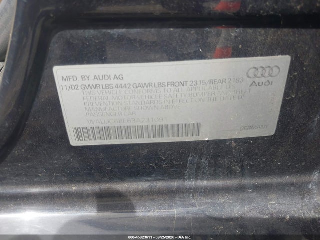 45923611 :رقم المزاد ، WAUJC68E63A231091 vin ، 2003 Audi A4 1.8t مزاد بيع