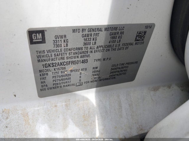 45923620 :رقم المزاد ، 1GKS2AKC6FR501483 vin ، 2015 Gmc Yukon Sle مزاد بيع
