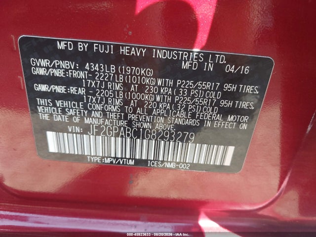 45923633 :رقم المزاد ، JF2GPABC1G8293279 vin ، 2016 Subaru Crosstrek 2.0i Premium مزاد بيع