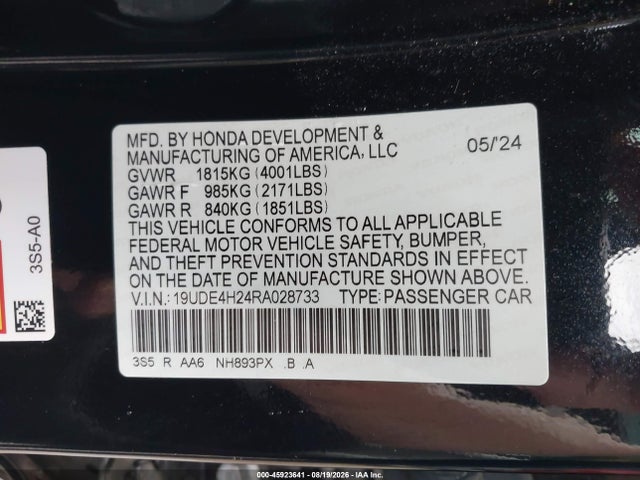 Auction sale of the 2024 Acura Integra, vin: 19UDE4H24RA028733, lot number: 45923641
