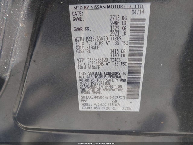 45923644 :رقم المزاد ، 5N1AR2MM5EC694253 vin ، 2014 Nissan Pathfinder Platinum مزاد بيع