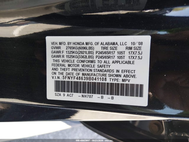 45923657 :رقم المزاد ، 5FNYF48639B041108 vin ، 2009 Honda Pilot Ex-l مزاد بيع