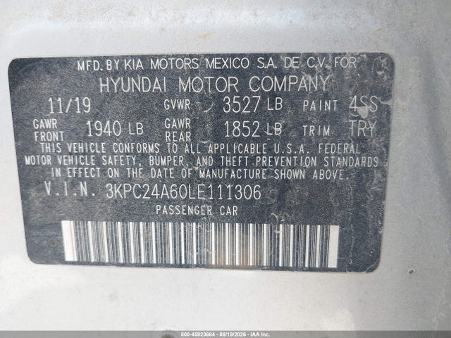 Продаж на аукціоні авто 2020 Hyundai Accent Sel, vin: 3KPC24A60LE111306, номер лоту: 45923664