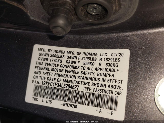 2020 Honda Civic Ex მანქანა იყიდება აუქციონზე, vin: 19XFC1F34LE204627, აუქციონის ნომერი: 45923676