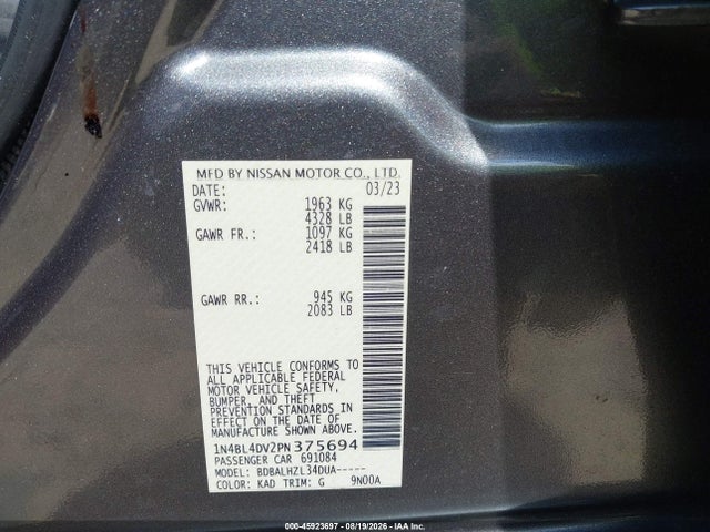 2023 Nissan Altima Sv Fwd მანქანა იყიდება აუქციონზე, vin: 1N4BL4DV2PN375694, აუქციონის ნომერი: 45923697