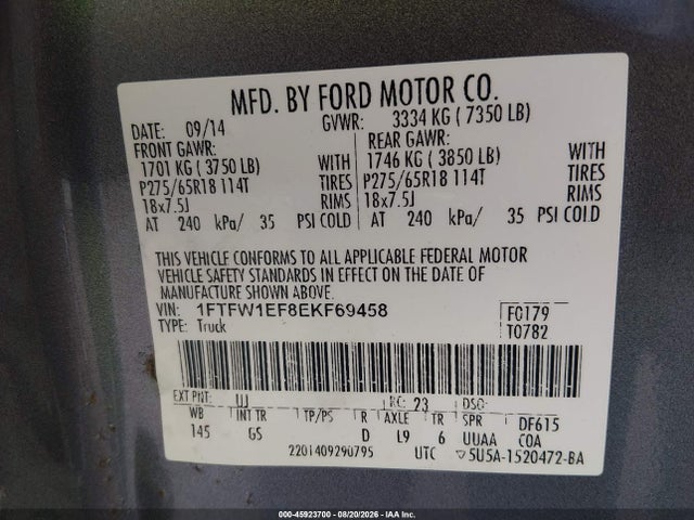 Aukcja sprzedaży 2014 Ford F-150 Xlt, vin: 1FTFW1EF8EKF69458, numer aukcji: 45923700