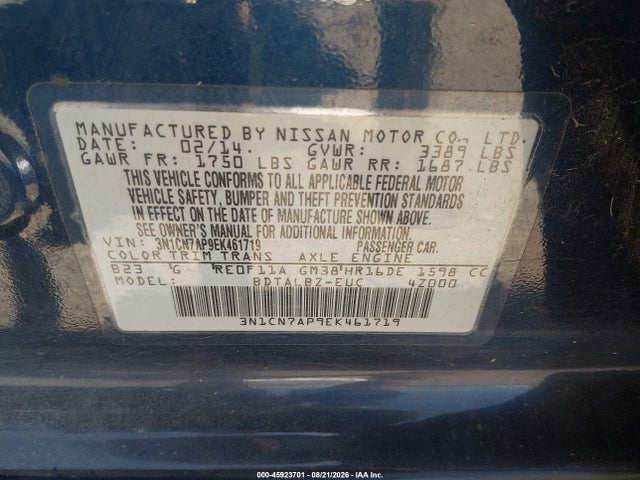 2014 Nissan Versa 1.6 S/1.6 S+/1.6 Sl/1.6 Sv/s მანქანა იყიდება აუქციონზე, vin: 3N1CN7AP9EK461719, აუქციონის ნომერი: 45923701