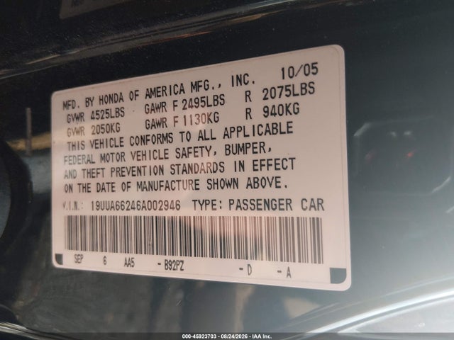 Aukcja sprzedaży 2006 Acura Tl, vin: 19UUA66246A002946, numer aukcji: 45923703