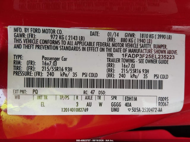45923707 :رقم المزاد ، 1FADP3F25EL235223 vin ، 2014 Ford Focus Se مزاد بيع