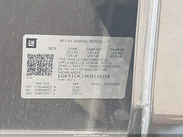 Aukcja sprzedaży 2019 Gmc Yukon Denali, vin: 1GKS1CKJ3KR134274, numer aukcji: 45923708
