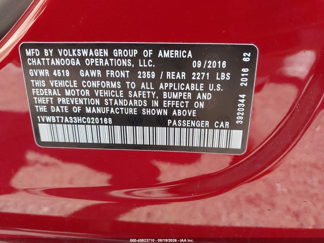 2017 Volkswagen Passat 1.8t Se მანქანა იყიდება აუქციონზე, vin: 1VWBT7A33HC020168, აუქციონის ნომერი: 45923710