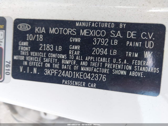 2019 Kia Forte Lxs მანქანა იყიდება აუქციონზე, vin: 3KPF24AD1KE042376, აუქციონის ნომერი: 45923730