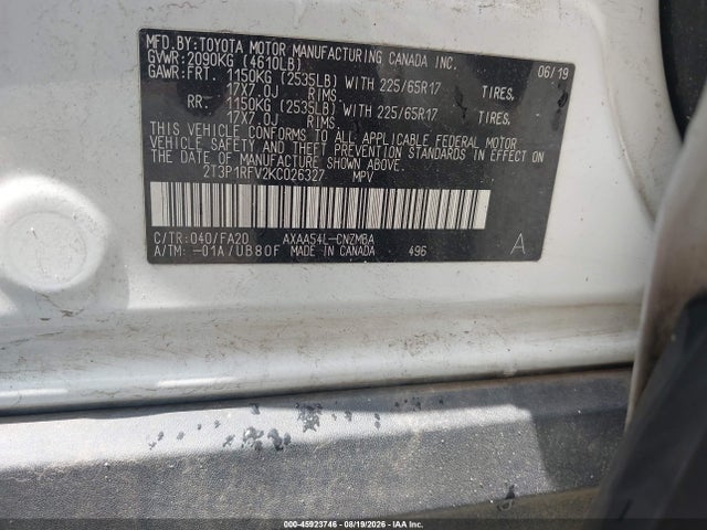 45923746 :رقم المزاد ، 2T3P1RFV2KC026327 vin ، 2019 Toyota Rav4 Xle مزاد بيع