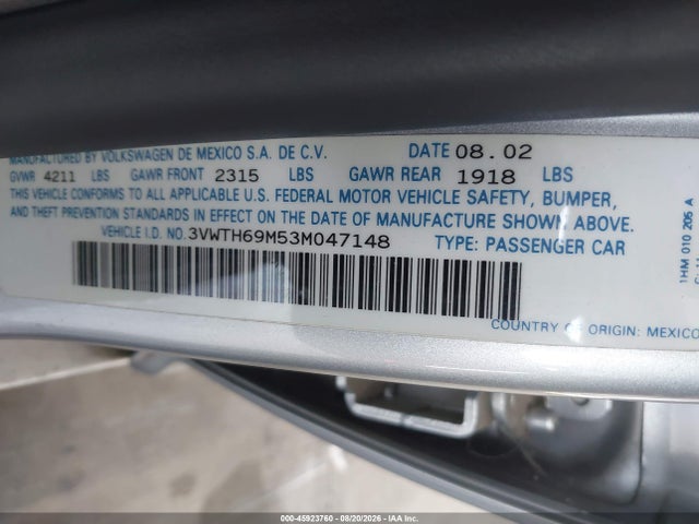 Aukcja sprzedaży 2003 Volkswagen Jetta Glx, vin: 3VWTH69M53M047148, numer aukcji: 45923760