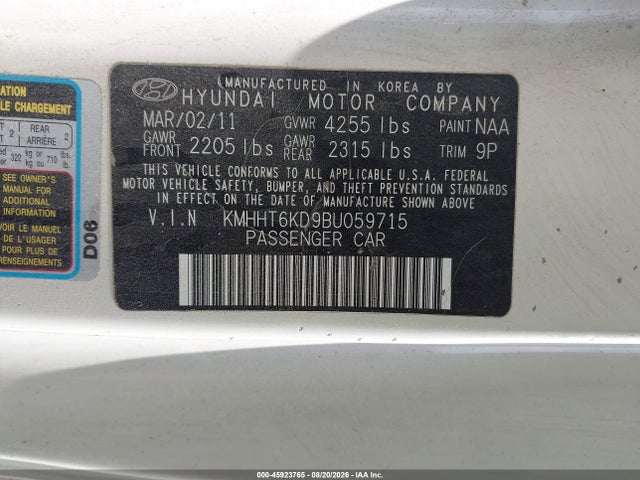 2011 Hyundai Genesis 2.0t მანქანა იყიდება აუქციონზე, vin: KMHHT6KD9BU059715, აუქციონის ნომერი: 45923765