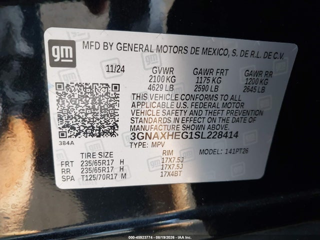 Aukcja sprzedaży 2025 Chevrolet Equinox Fwd Lt, vin: 3GNAXHEG1SL228414, numer aukcji: 45923774
