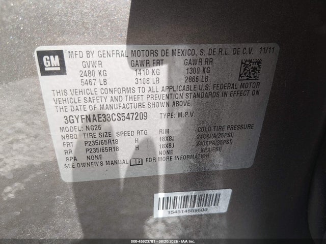 Aukcja sprzedaży 2012 Cadillac Srx Luxury Collection, vin: 3GYFNAE33CS547209, numer aukcji: 45923781
