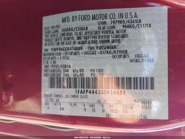 Продажа на аукционе авто 2003 Ford Mustang, vin: 1FAFP44433F414889, номер лота: 45923793