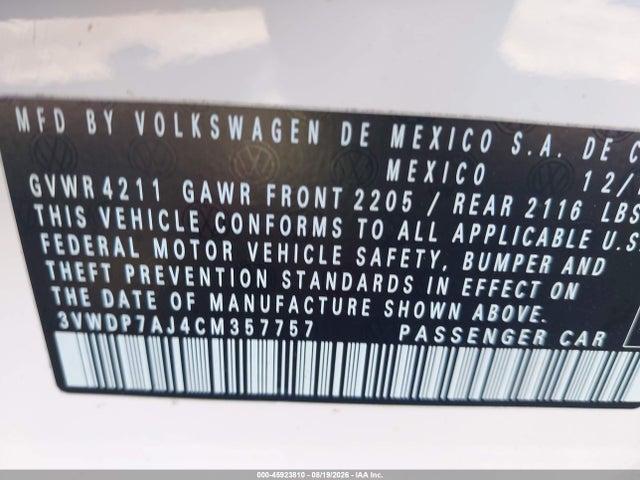 45923810 :رقم المزاد ، 3VWDP7AJ4CM357757 vin ، 2012 Volkswagen Jetta 2.5l Se مزاد بيع