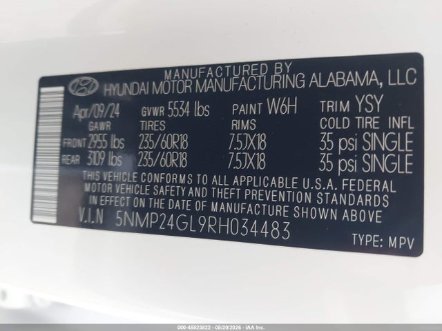 2024 Hyundai Santa Fe Sel მანქანა იყიდება აუქციონზე, vin: 5NMP24GL9RH034483, აუქციონის ნომერი: 45923822