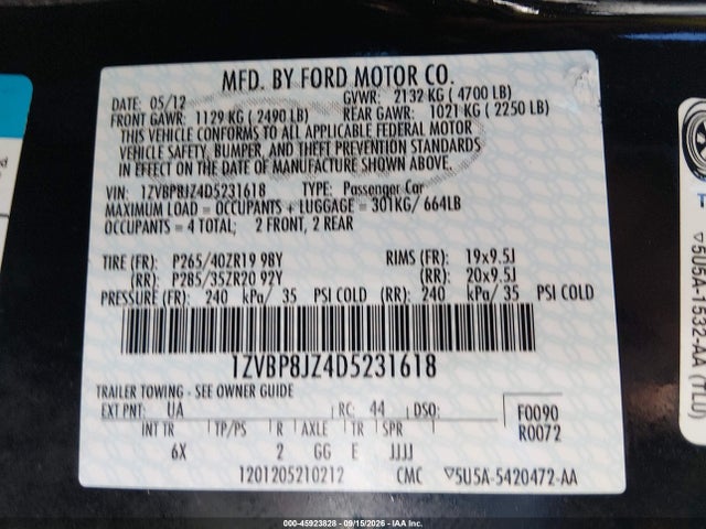 Продажа на аукционе авто 2013 Ford Shelby Gt500, vin: 1ZVBP8JZ4D5231618, номер лота: 45923828