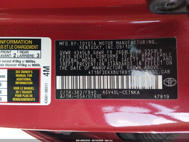 Продажа на аукционе авто 2011 Toyota Camry Le, vin: 4T1BF3EKXBU189136, номер лота: 45923835