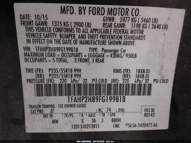 Ford TAURUS SEL 2015 1FAHP2H89FG199818 Image 9