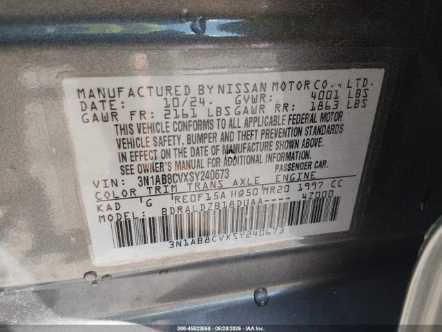 Aukcja sprzedaży 2025 Nissan Sentra Sv, vin: 3N1AB8CVXSY240673, numer aukcji: 45923858