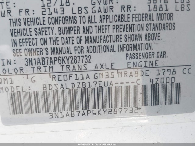 Nissan SENTRA SV 2019 3N1AB7AP6KY287732 Image 9