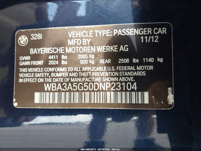 2013 Bmw 328i მანქანა იყიდება აუქციონზე, vin: WBA3A5G50DNP23104, აუქციონის ნომერი: 45923873