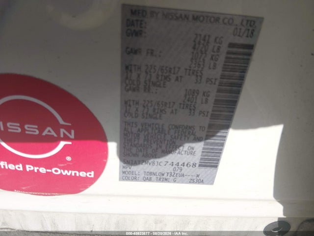 Aukcja sprzedaży 2018 Nissan Rogue Sv, vin: 5N1AT2MV8JC744468, numer aukcji: 45923877
