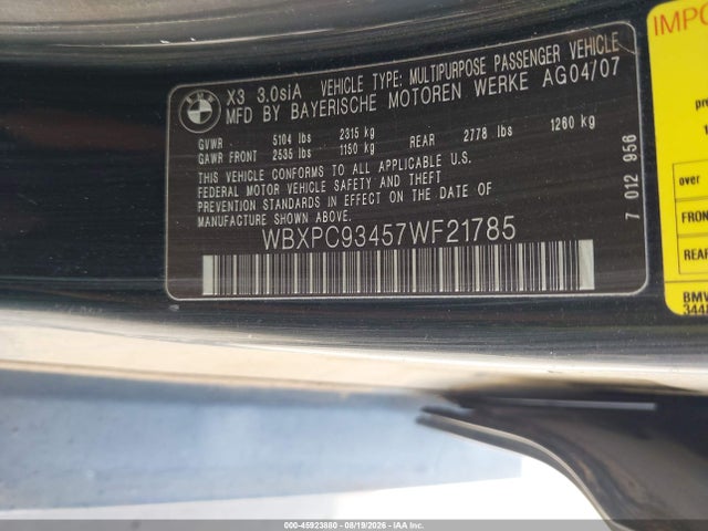 2007 Bmw X3 3.0si მანქანა იყიდება აუქციონზე, vin: WBXPC93457WF21785, აუქციონის ნომერი: 45923880