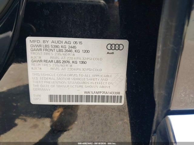 Продаж на аукціоні авто 2015 Audi Q5 2.0t Premium, vin: WA1LFAFP7FA143398, номер лоту: 45923882