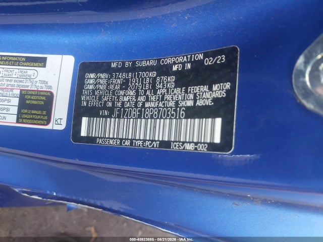 2023 Subaru Brz Limited მანქანა იყიდება აუქციონზე, vin: JF1ZDBF18P8703516, აუქციონის ნომერი: 45923885