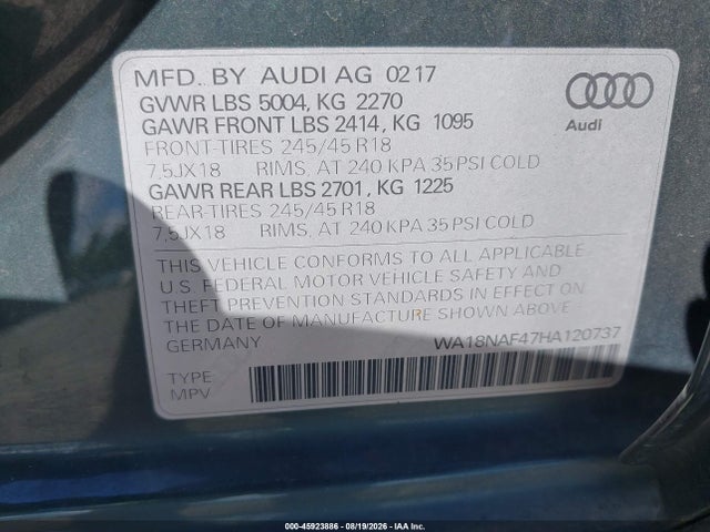 Aukcja sprzedaży 2017 Audi Allroad Premium Plus, vin: WA18NAF47HA120737, numer aukcji: 45923886