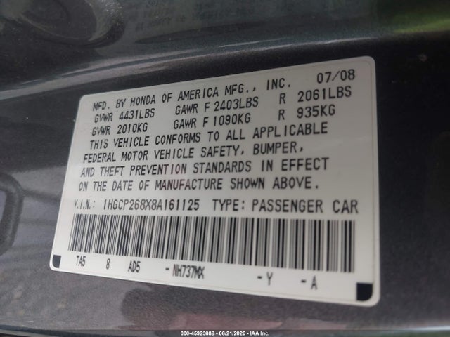 45923888 :رقم المزاد ، 1HGCP268X8A161125 vin ، 2008 Honda Accord 2.4 Ex-l مزاد بيع