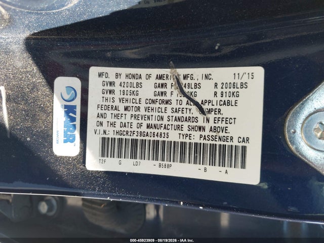 Honda ACCORD LX 2016 1HGCR2F39GA064835 Image 9