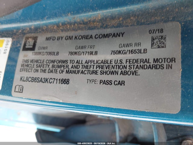 Auction sale of the 2019 Chevrolet Spark Ls Cvt, vin: KL8CB6SA3KC711668, lot number: 45923925
