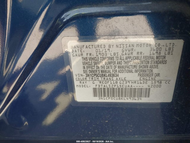 45923927 :رقم المزاد ، 3N1CP5CU8KL493634 vin ، 2019 Nissan Kicks Sv مزاد بيع