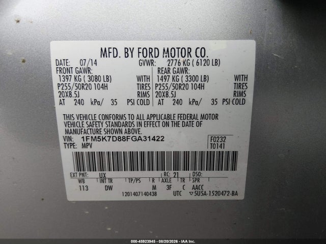 45923945 :رقم المزاد ، 1FM5K7D88FGA31422 vin ، 2015 Ford Explorer Xlt مزاد بيع