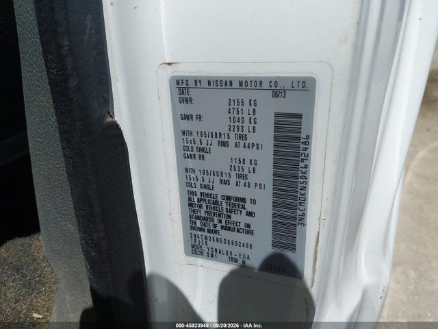 45923946 :رقم المزاد ، 3N6CM0KN5DK692486 vin ، 2013 Nissan Nv200 Sv مزاد بيع