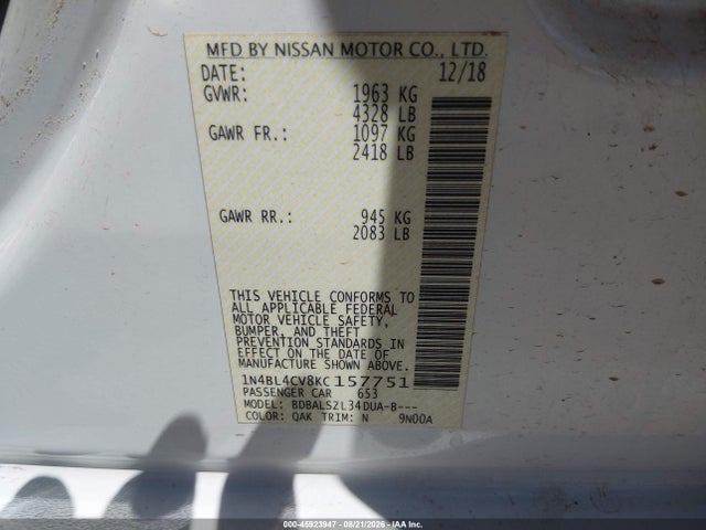 Nissan Altima 2.5 Sr 2019 1N4BL4CV8KC157751 Image 9