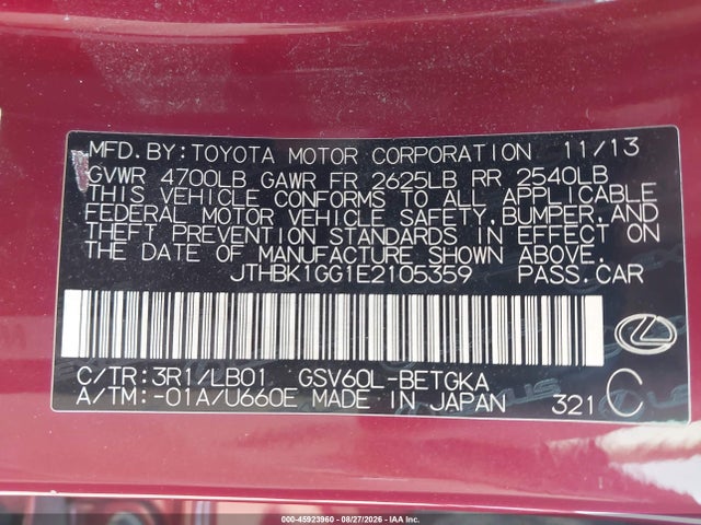 Продаж на аукціоні авто 2014 Lexus Es 350, vin: JTHBK1GG1E2105359, номер лоту: 45923960